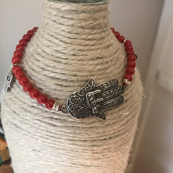 Sterling Silver Lucky Hamsa Bracelet With Red Coral Beads Dangle Charms Heart - Picture 2 of 3
